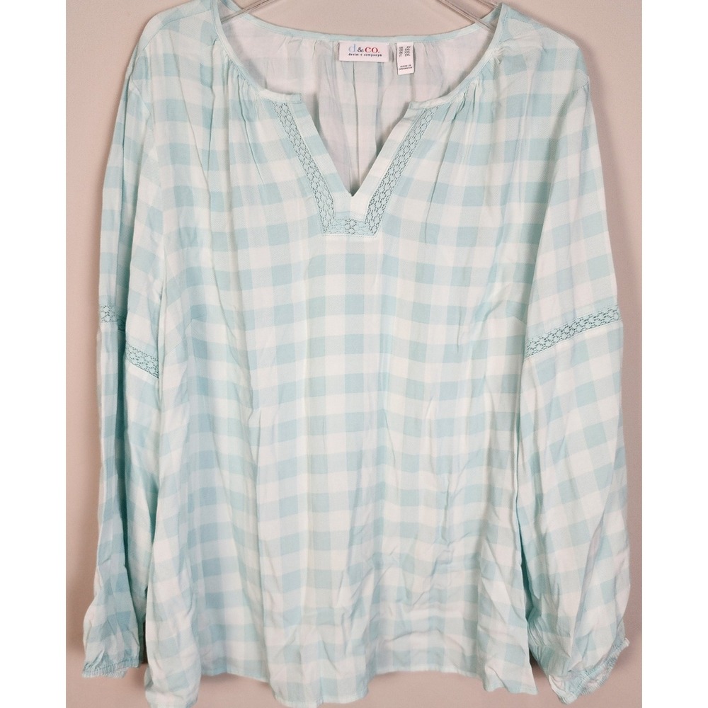 D&Co Denim Company Blue White Gingham Check Top 2X Cottage Boho Chic Coastal